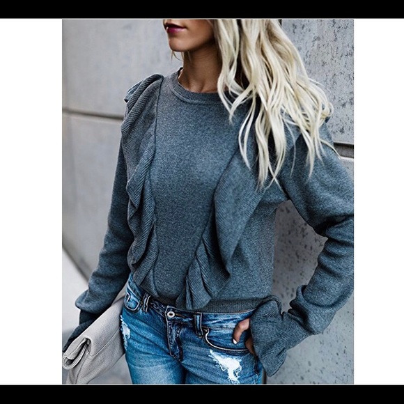 🆕Crew Rib Ruffle Front Puff Long Sleeve Sweater - Picture 2 of 5